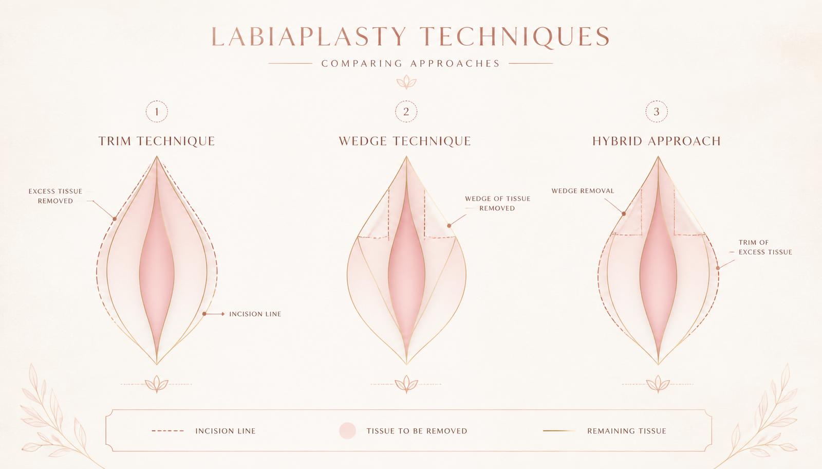 Schematic comparison of trim, wedge and hybrid labiaplasty techniques with incision lines